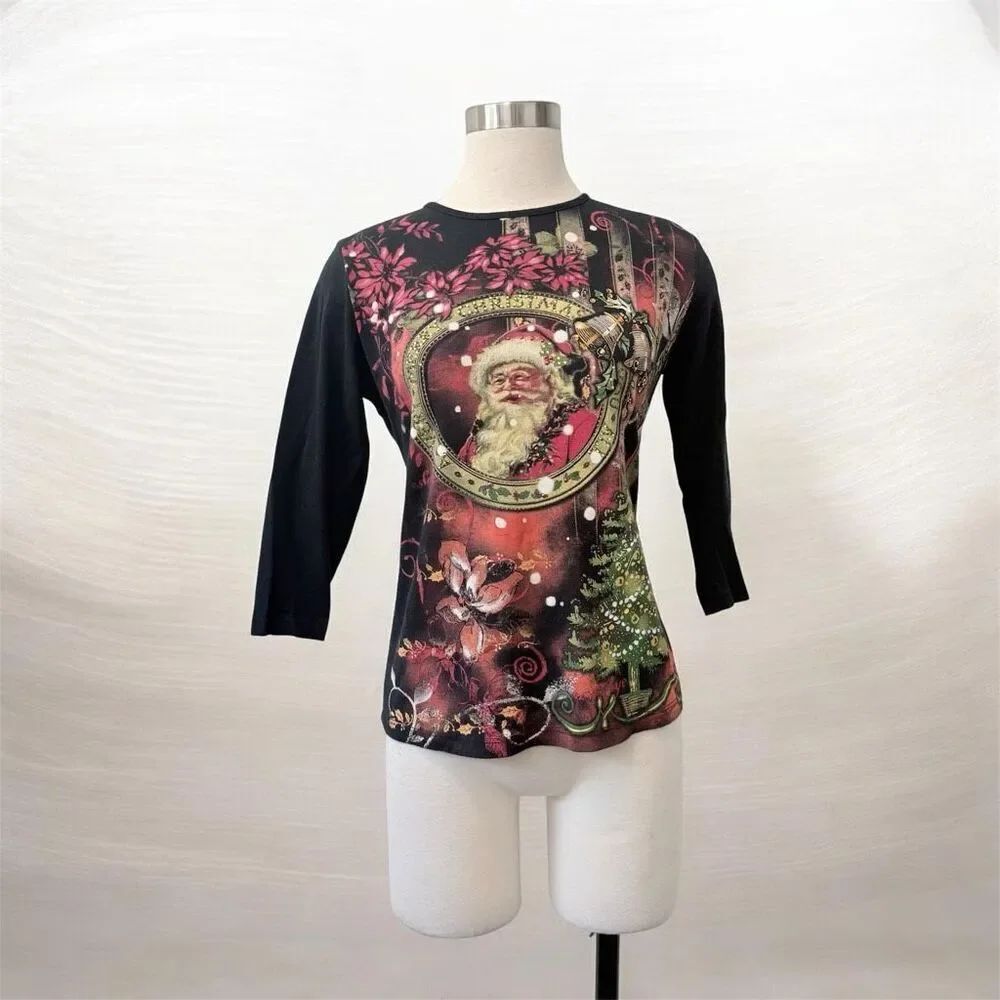 Vintage Jess & Jane Y2K Black Christmas Graphic Santa 3/4 Sleeve Top Medium